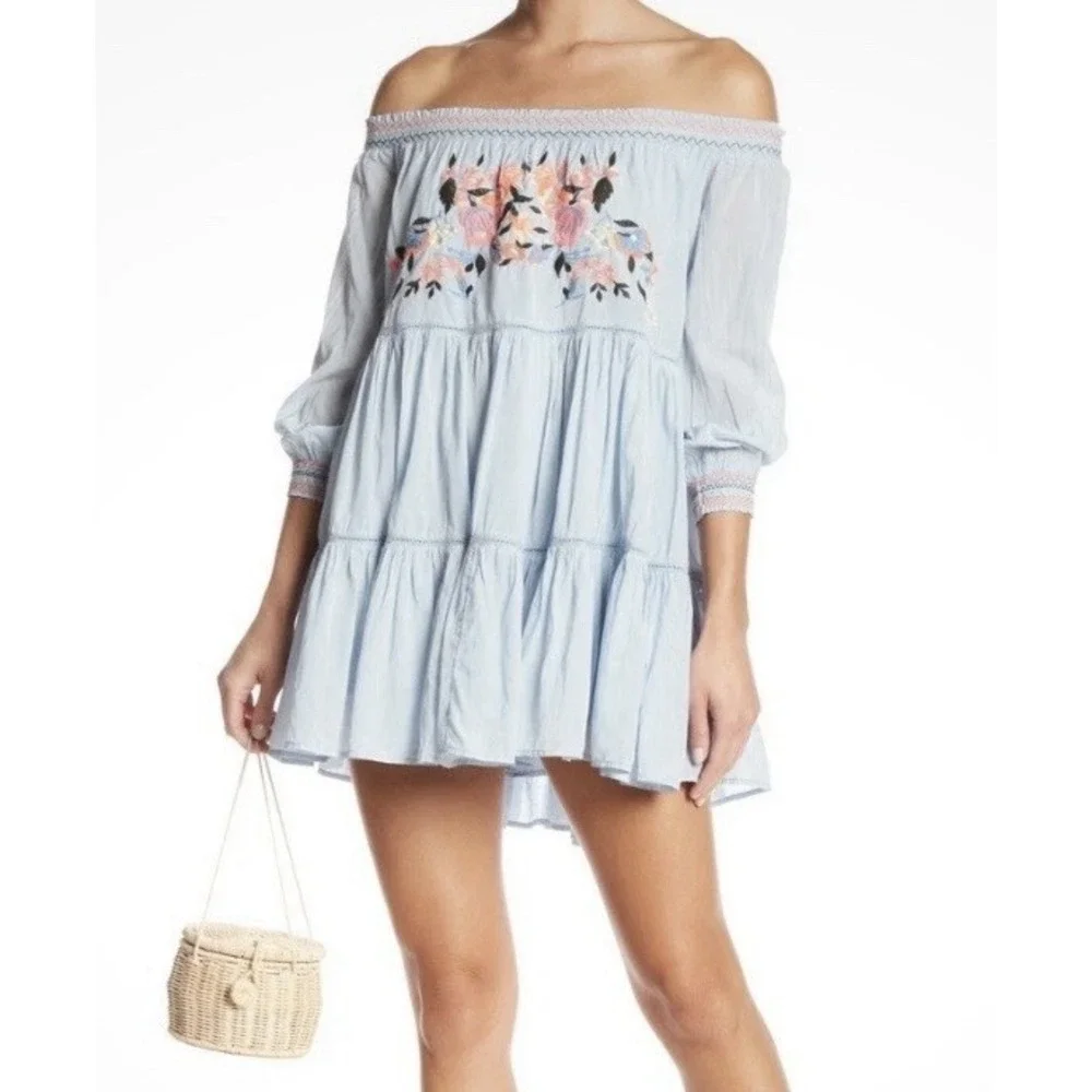 Free People Blue Woven Floral Embroidered Smocked Off Shoulder Mini Dress S
